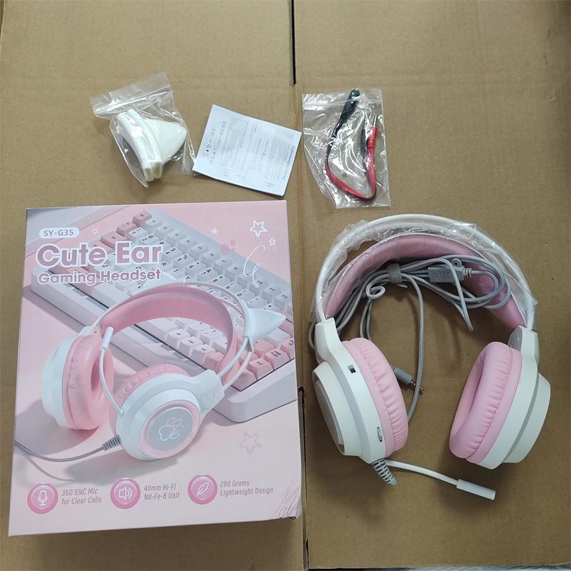 Cute Cat Ear Design Wired Headphone, Luminous Gaming Computer Headset, Gaming Headset, Detachable Headphone with RGB Light, Dual Floating Adaptive Noise Reduction Headset