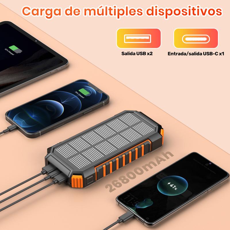 Banco de energía Solar - 26800mAh Cargador Solar Batería Externa Inalámbrica Power Bank con 4 Salidas Cargador Solar portátil Panel Solar para iPhone, iPad y Samsung Galaxy y más