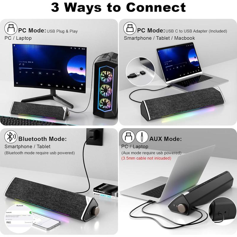 R60 Bluetooth Computer Speakers, USB Plug-N-Play PC Speakers with LED Dynamic Light, Surround Sound Soundbar Speakers with Rotary Switch for Desktop Laptop (USB-C to USB Adapter Included)