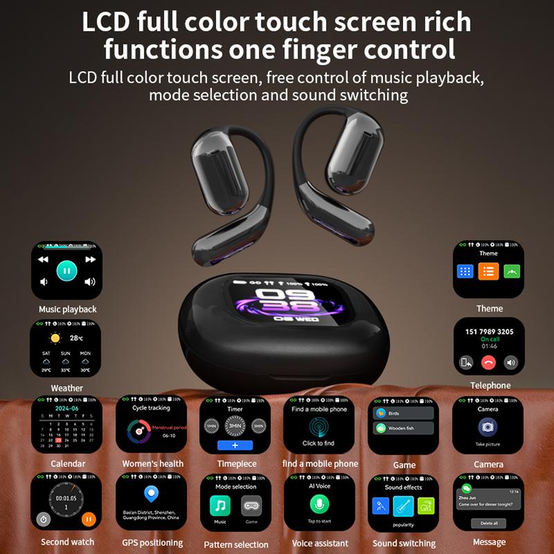 Touchscreen OWS open ear earbuds Bluetooth IPX5 waterproof headset HIFI sound Fullcolor display charging case Light-weight sports Audio Wireless