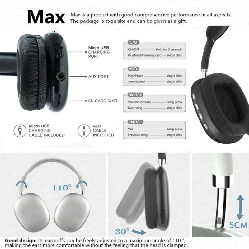 New P9 Pro Max Head mounted Bluetooth Sports Wireless Earphones Stereo Headworn Suitable Noise Cancelling Bluetooth Earphones Noisecancelling Noise Isolating 45hz Earphones & Headphone Suitable for ios and Android phones