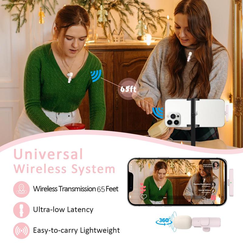 2 Pcs Pink Wireless Lavalier Mini Microphone for iPhone iPad, Professional Lapel Mics, Plug-Play,Ultra-Low Delay Noise Reduction Chip of Lapel Microphone for Video Recording Interview Conference Vlog