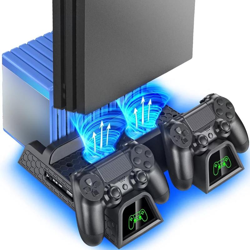 Cooling Station for PS4 PS4 Slim PS4 Pro, ABS Materials Console Storage Multifunctional Hub Stand with Controller Charger & 12 Game Slots, Console Accessories for PlayStation, Men Gifts