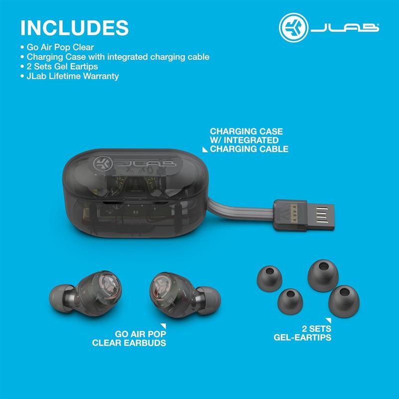 JLab Limited Edition Clear Go Air Pop True Wireless Bluetooth Earbuds, Charging Case, Dual Connect, 3 EQ Sound Settings, For Android iPhone, Headphone