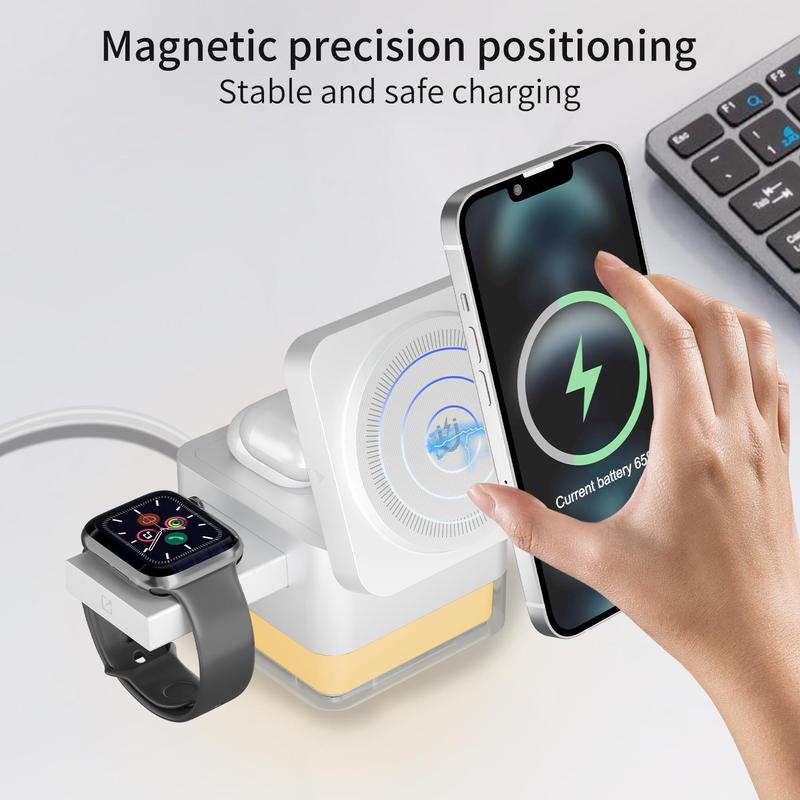 15W Wireless Charging Station, 3-in-1 Foldable Magnetic Wireless Charging Stand, Phone Holder for Charging with Night Light, Compatible with iPhone 12-15