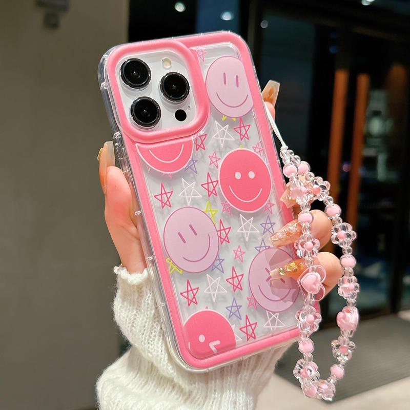 Cute Smile Face Pattern Phone Case with Beaded Chain, Decorative Phone Protector Cover, Phone Accessories Compatible with iPhone & Samsung