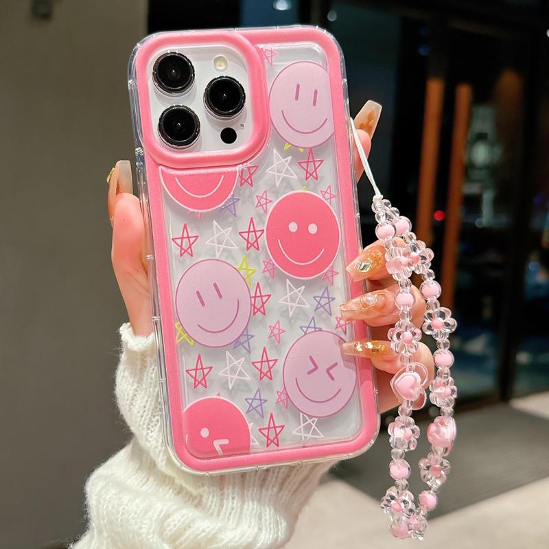 Cute Smile Face Pattern Phone Case with Beaded Chain, Decorative Phone Protector Cover, Phone Accessories Compatible with iPhone & Samsung