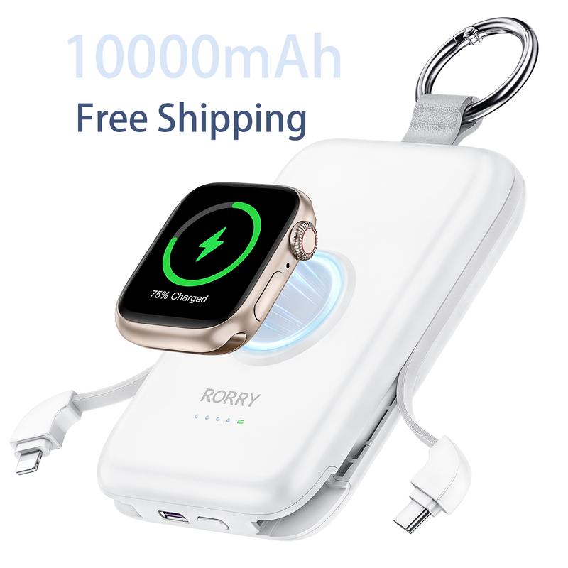 RORRY 10000mAh 20W PD Fast Charging Power Bank with Built-in Cable & Keychain, for iPhone 15 14 13 12 11 and Apple Watch Ultra 9 8 7 6 5 4 3 2