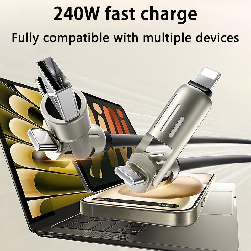 4-in-1 USB Charging Cable – MAX 240W Fast Charging Cable (USB A, Type C, Lightning) – Multi-National Aluminum Alloy, Ideal for iPhone 15 14, Samsung Galaxy, Android Phones, iPad Pro & More.