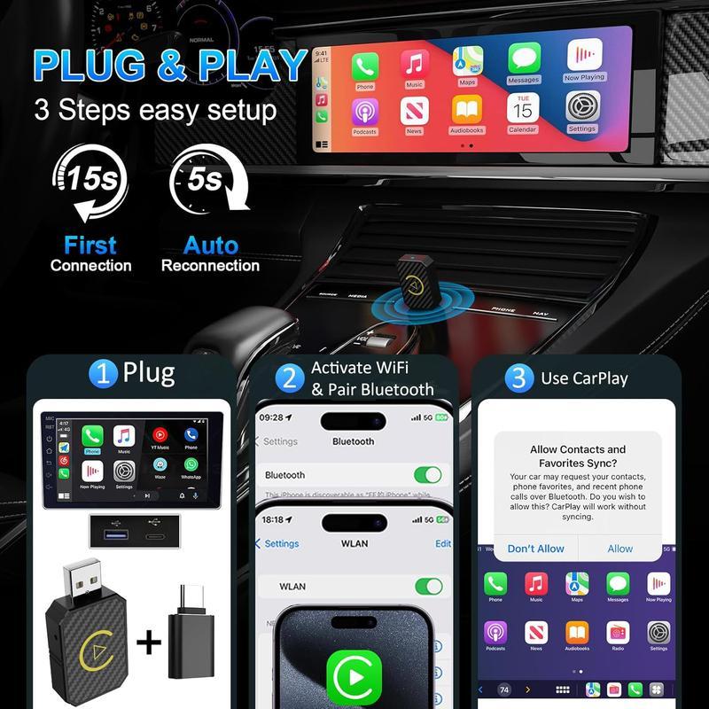 Mini Wireless Apple CarPlay Adapter, for bothApple and Android, 2 in 1, small wireless carplayadapter, converts wired to wireless, suitable forfactory wired CarPlay cars from 2016 onwardsplug and play