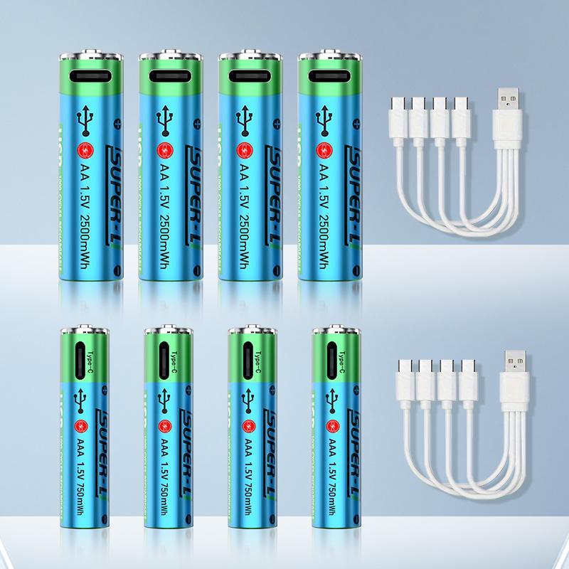 Type-C Rechargeable Battery, 4 Counts 1.5V 2500mWh AA Battery & 1 Count 1.5V 750mWh AAA Battery with 4-in-1 Type-C Charging Cable, Perfect for Household and Business Devices