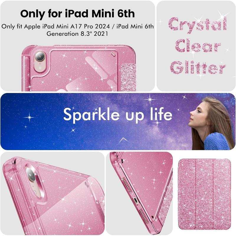 for iPad Mini 7 Case (A17 Pro), iPad Mini 7th   6th Generation Case 2024 2021 8.3 Inch, Glitter Cute Protective Cover with Clear Sparkle , Pencil Holder for  Girls, Pink