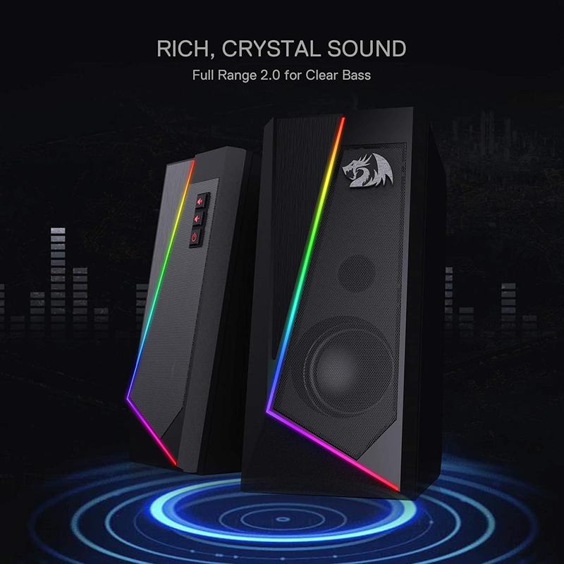 GS520 RGB Desktop Speakers, 2.0 Channel PC Computer Stereo Speaker with 6 Colorful LED Modes, Enhanced Sound and Easy-Access Volume Control, USB Powered w  3.5mm Cable Audio Microphone Plug Smartphone