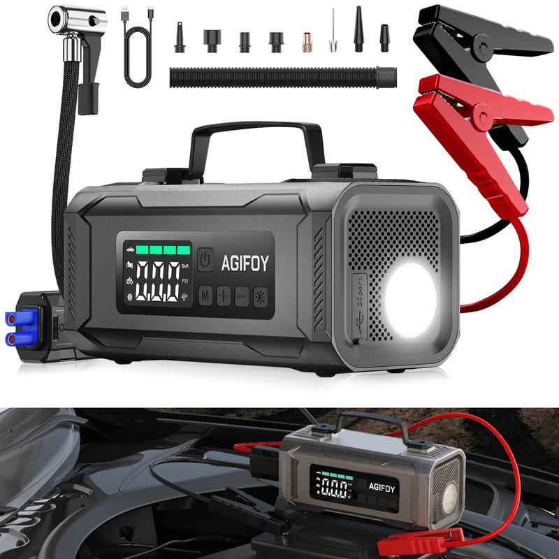 2500A Jump Starter with Air Compressor,Battery Jumper Starter Portable with 150PSI Tire Inflator 12V Jump Box with LCD Display,Flashlight,Storage Case (Up 10L Gas 8L Diesel Engine