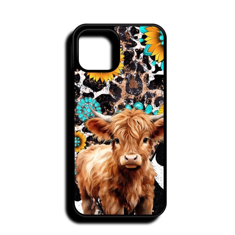 Highland Cow Turquoise and Leopard Western Print Phone Case for iPhone 16 15 14 13 12 11 X XS 8 7 6 with Impact-Resistant TPU - Protective