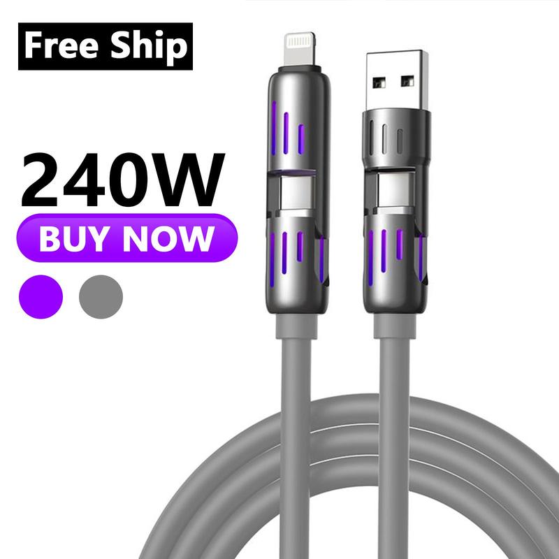 4-in-1 240W USB Charging Cable, fast charging cable USB A+ TYPE C + Lightning Multi national aluminum alloy cable management suitable for iPhone 16 15 14 Samsung Galaxy, Android Phones & Tablets iPad Pro Smartphone Cellphone Mobile Electronic