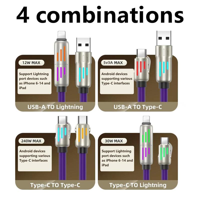 4-in-1 240W USB Charging Cable, fast charging cable USB A+ TYPE C + Lightning Multi national aluminum alloy cable management suitable for iPhone 16 15 14 Samsung Galaxy, Android Phones & Tablets iPad Pro Smartphone Cellphone Mobile Electronic