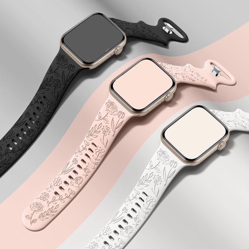 Floral Engraved Replacement Watchband for iWatch (Band Only), 3 Counts Floral Pattern Smart Watch Band, Silicone Watch Band Compatible with iWatch Series 9 8 7 6 5 4 3 2 1 SE Ultra 2