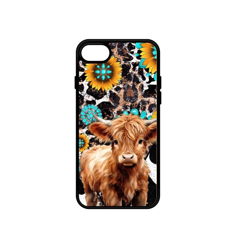 Highland Cow Turquoise and Leopard Western Print Phone Case for iPhone 16 15 14 13 12 11 X XS 8 7 6 with Impact-Resistant TPU - Protective