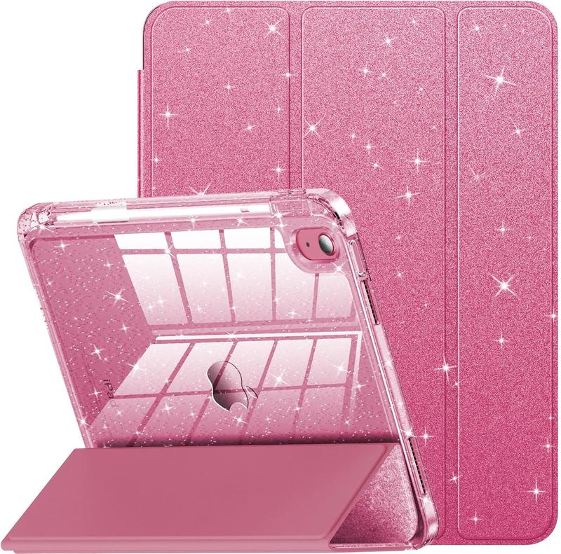 Compatible with iPad 10th Generation Case, iPad Case 10th Generation 10.9 Inch for Kids, Girls, Cute Glitter Cover with Sparkly Crystal Clear Back, Pencil Holder, Anti-Yellowing, Rose Pink