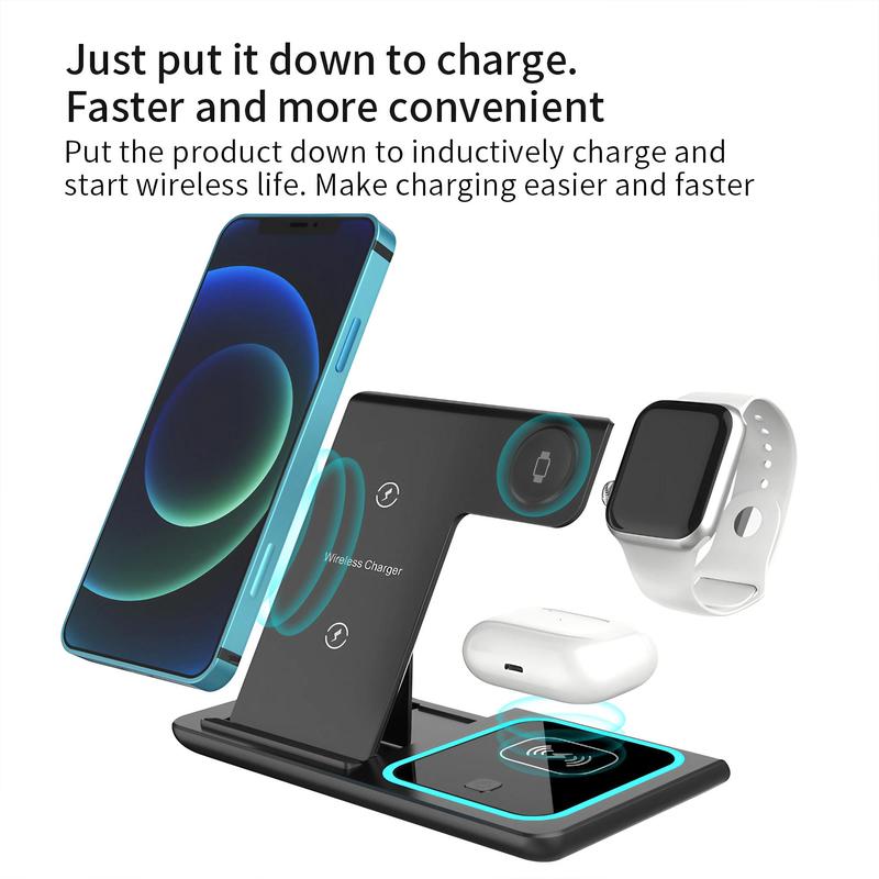 Foldable 15W Wireless Charger, Multifunctional Wireless Charging Base, Multiple Devices Charger Compatible with iPhone 15 & Apple Watch & AirPods