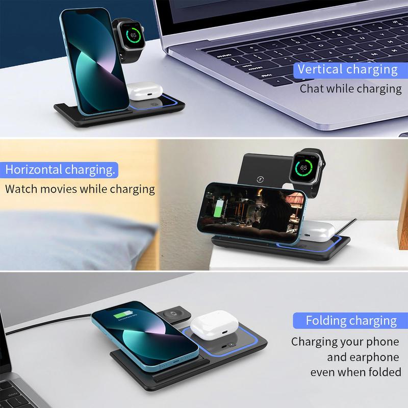 Foldable 15W Wireless Charger, Multifunctional Wireless Charging Base, Multiple Devices Charger Compatible with iPhone 15 & Apple Watch & AirPods