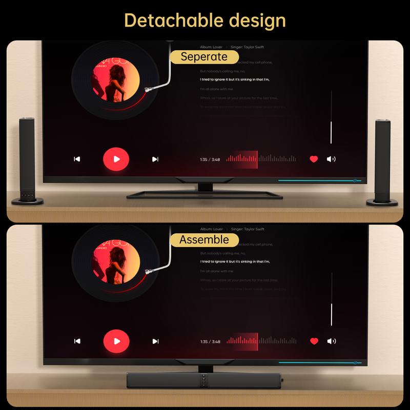 Portable Surround Sound Bar Wireless Subwoofer 2 Speaker System, 2 in 1 Multifunctional Audio Speaker, Supports Bluetooth TF Card USB , Stereo Audio Strip for TV Tablet PC Phone Home Theater Devices