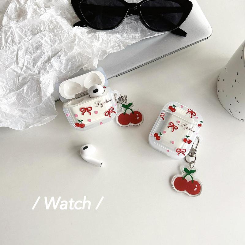 Cherry Fruit Pattern Earphone Case with Acrylic Fruit Pendant, 1 Count Shockproof Earphone Case, Fashion Earphone Accessories for Airpods Series