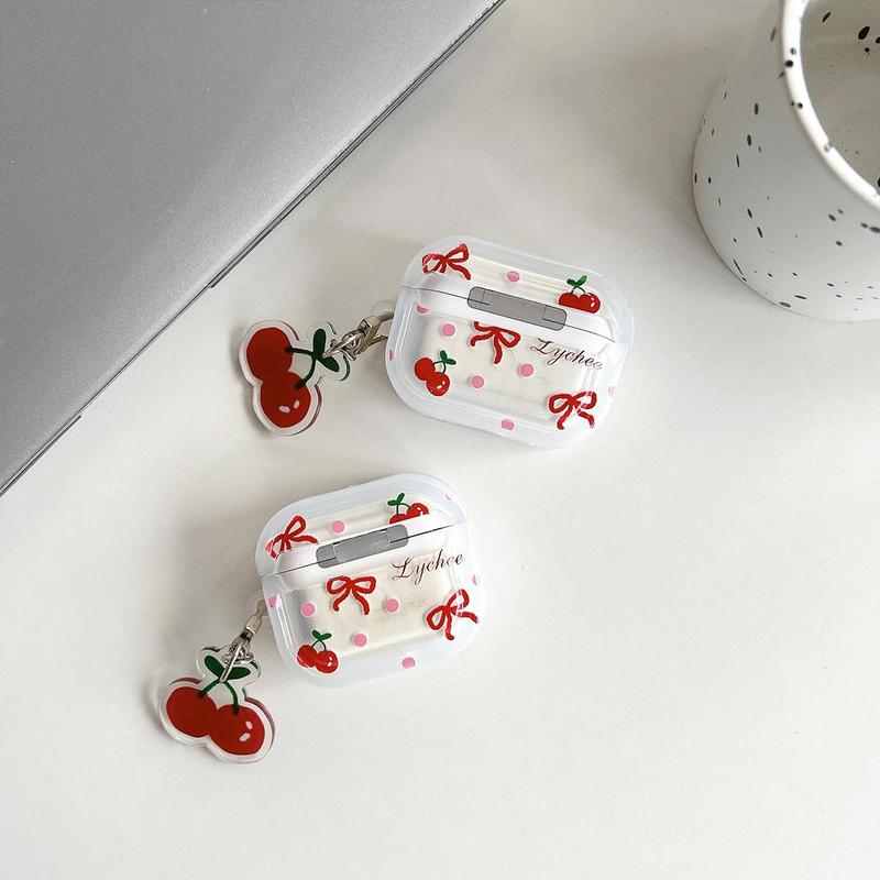 Cherry Fruit Pattern Earphone Case with Acrylic Fruit Pendant, 1 Count Shockproof Earphone Case, Fashion Earphone Accessories for Airpods Series