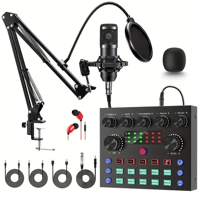 Professional Podcast Studio Equipment, USB Rechargeable Condenser Microphone with Audio Interface & Live Sound Card, Audio Equipment for Live Streaming, Microphone Set