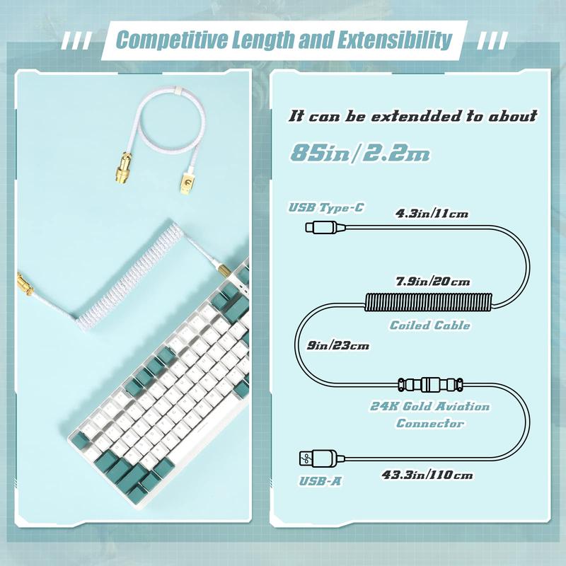 Custom Coiled USB C to A Cable, Detachable Double Sleeve Braided Nylon Spiral Cable, Extendable Spring Line for Mechanical Gaming Keyboard Smartphone Printer