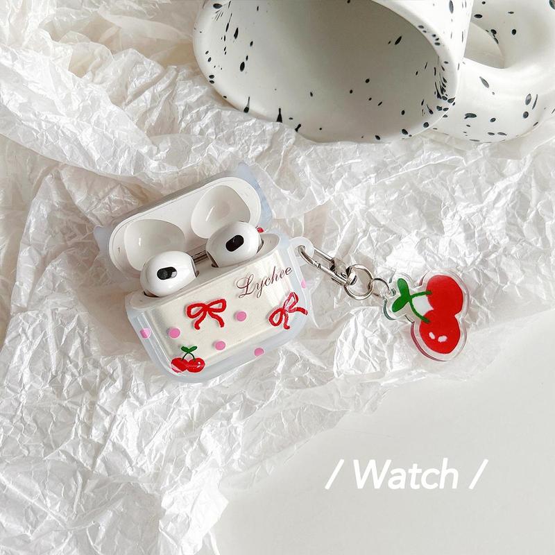 Cherry Fruit Pattern Earphone Case with Acrylic Fruit Pendant, 1 Count Shockproof Earphone Case, Fashion Earphone Accessories for Airpods Series