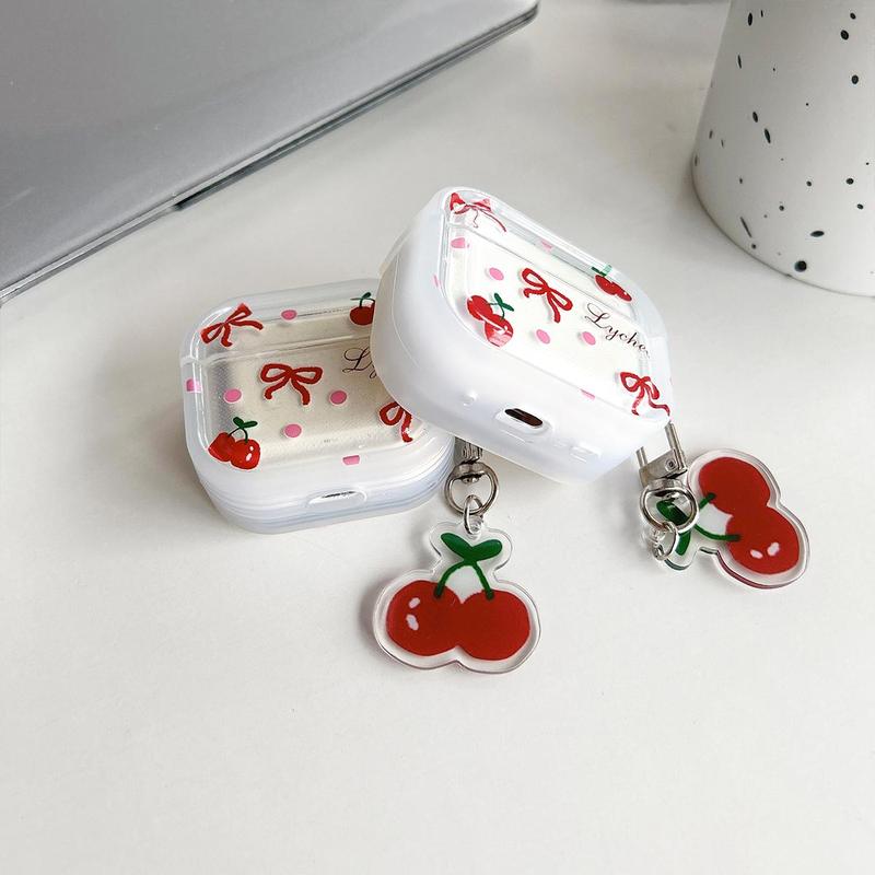 Cherry Fruit Pattern Earphone Case with Acrylic Fruit Pendant, 1 Count Shockproof Earphone Case, Fashion Earphone Accessories for Airpods Series