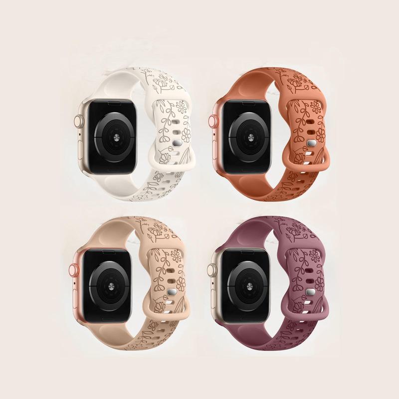 Rose Floral Engraved Watch Band for Apple Watch (Band Only), 4 Counts Fashion Silicone Watch Band, Soft Silicone Sport Watch Band For iWatch Series 9 8 7 6 5 4 3 2 1 SE Ultra