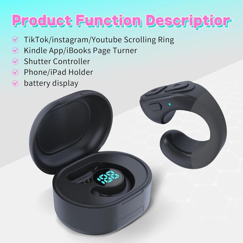 Tiktok Trending BT Smart Scrolling Ring Kindle App Remote Page Turner with Cell Phone Stands Wireless Camera Shutter Selfie Button - Compatible with for iPhone Ipad Android (Black)