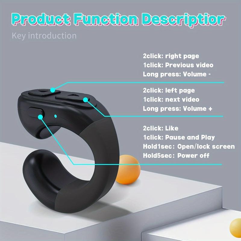 Tiktok Trending BT Smart Scrolling Ring Kindle App Remote Page Turner with Cell Phone Stands Wireless Camera Shutter Selfie Button - Compatible with for iPhone Ipad Android (Black)