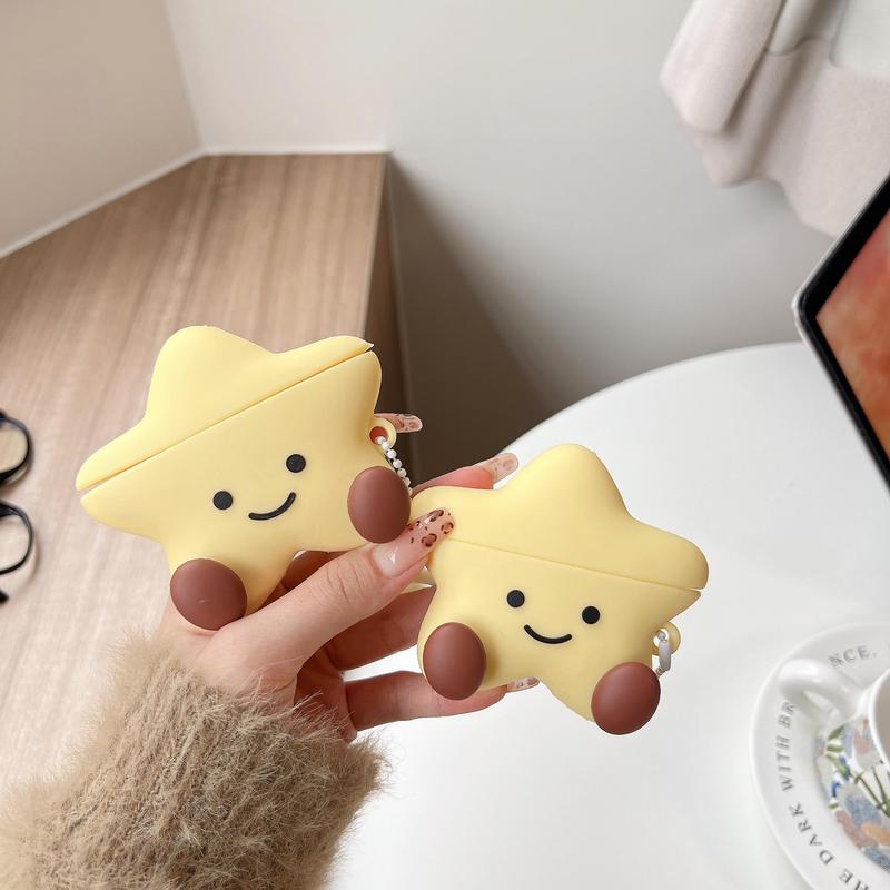 Cute Star Design Silicone Earphone Case with Moon Shaped Keychain, Decorative Earphone Protector Cover, Earphone Accessories Compatible with AirPods