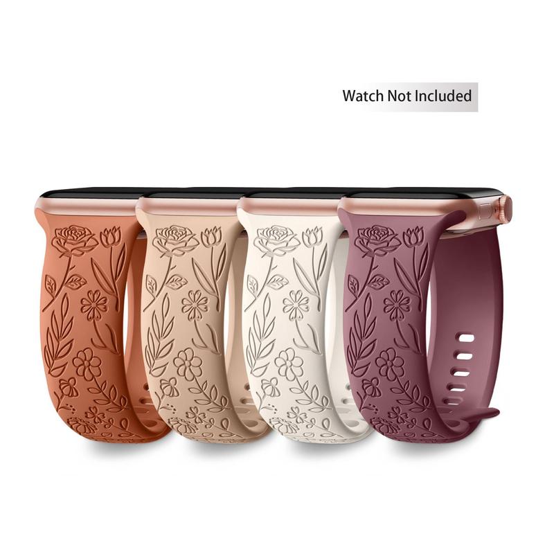 Rose Floral Engraved Watch Band for Apple Watch (Band Only), 4 Counts Fashion Silicone Watch Band, Soft Silicone Sport Watch Band For iWatch Series 9 8 7 6 5 4 3 2 1 SE Ultra