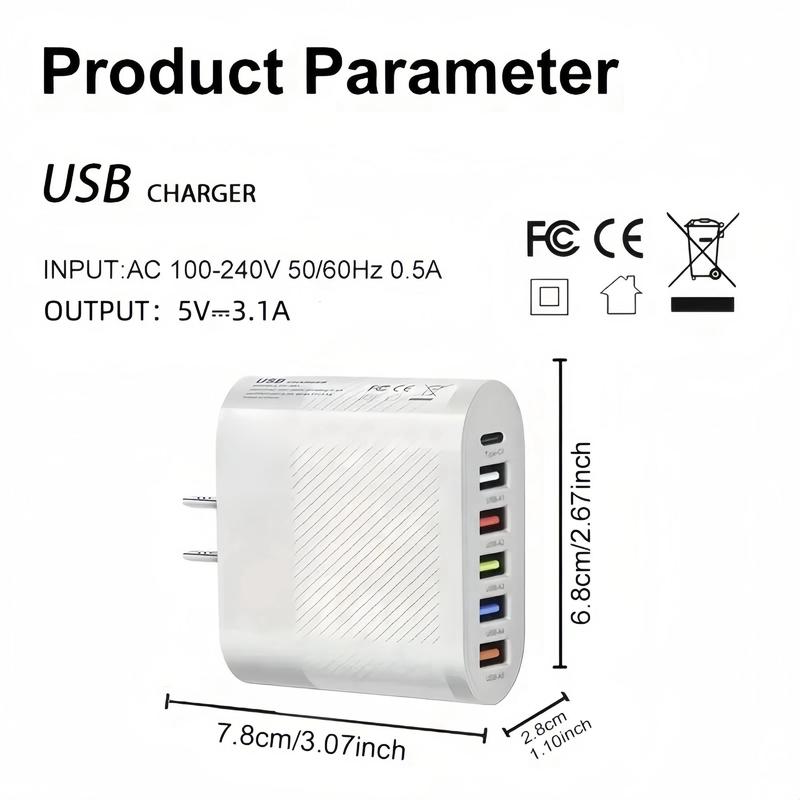 65W US Plug 6 Port USB Charger Including Type-c & USB, Multifunctional Fast Charging Charger Compatible With iPhone, Phone Accessories