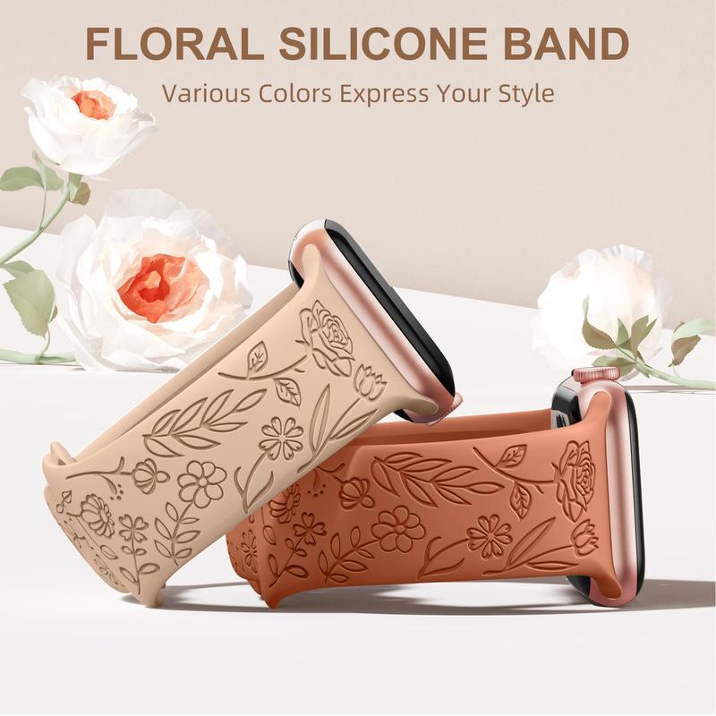 Rose Floral Engraved Watch Band for Apple Watch (Band Only), 4 Counts Fashion Silicone Watch Band, Soft Silicone Sport Watch Band For iWatch Series 9 8 7 6 5 4 3 2 1 SE Ultra