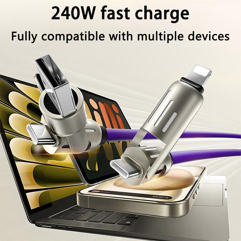 4 in 1 Charging Cable, Fast Charging 240W USB A+ Type C Multi-function Aluminum Alloy 240W for iPhone 16 15 14 Samsung Galaxy, Android Phone iPad Pro