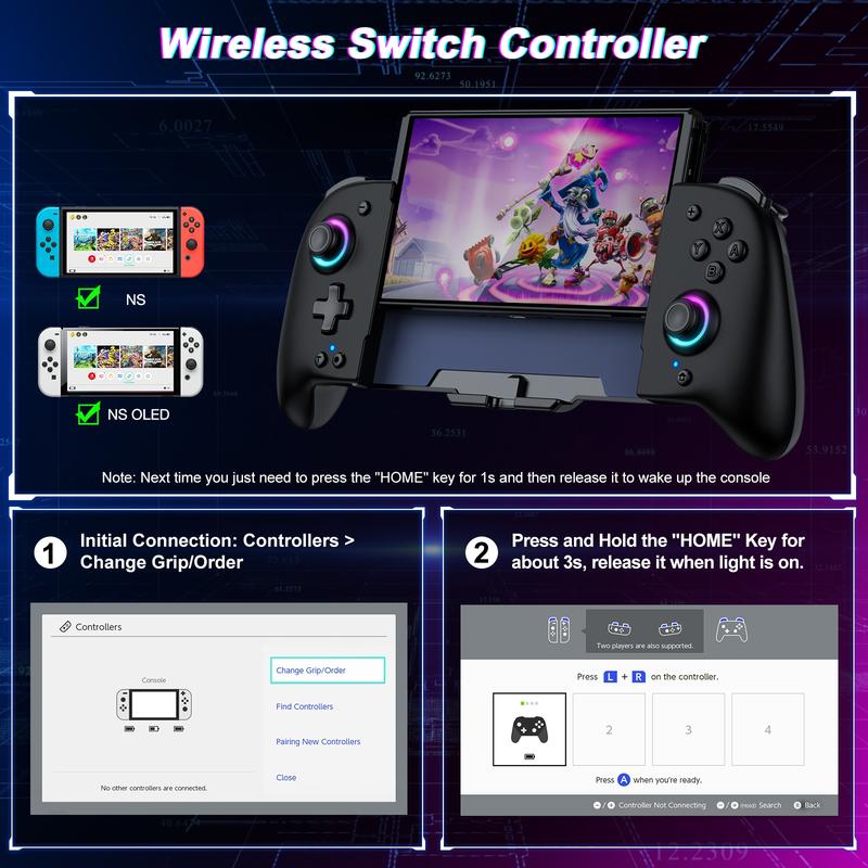 Switch Controllers for Switch OLED Controller, Switch Wireless Pro Controller Joypad, Full-Size Ergonomic Handheld Mode Controller with Battery RGB Turbo Programming