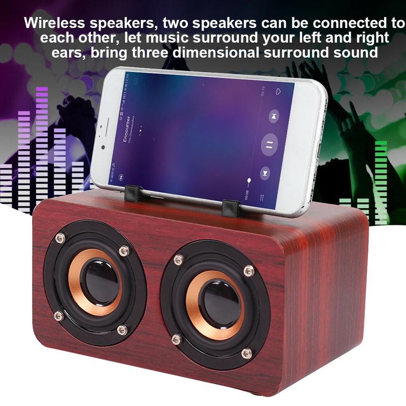 Retro Wooden Wireless Bluetooth Portable Speaker Stereo Subwoofer Phone Holder