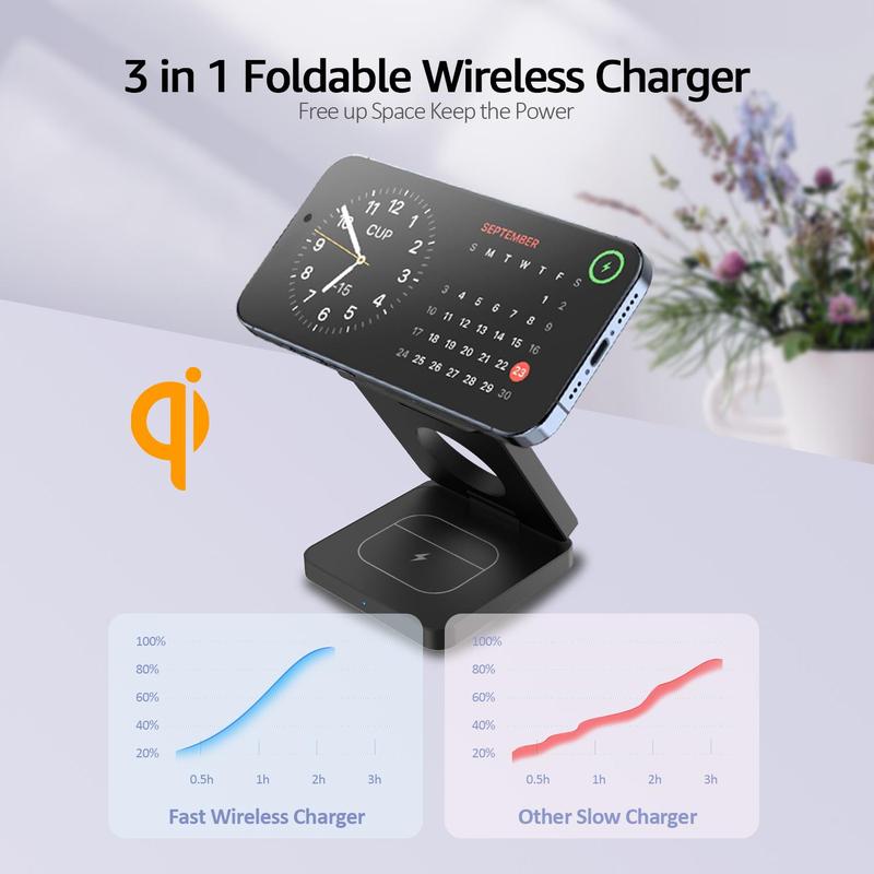 3 in 1 Foldable Magnetic Wireless Foldable Charger, Multipurpose Magnetic Wireless Charging Station, Multifunctional Portable Charger for iPhone iWatch, Stocking Fillers Gift