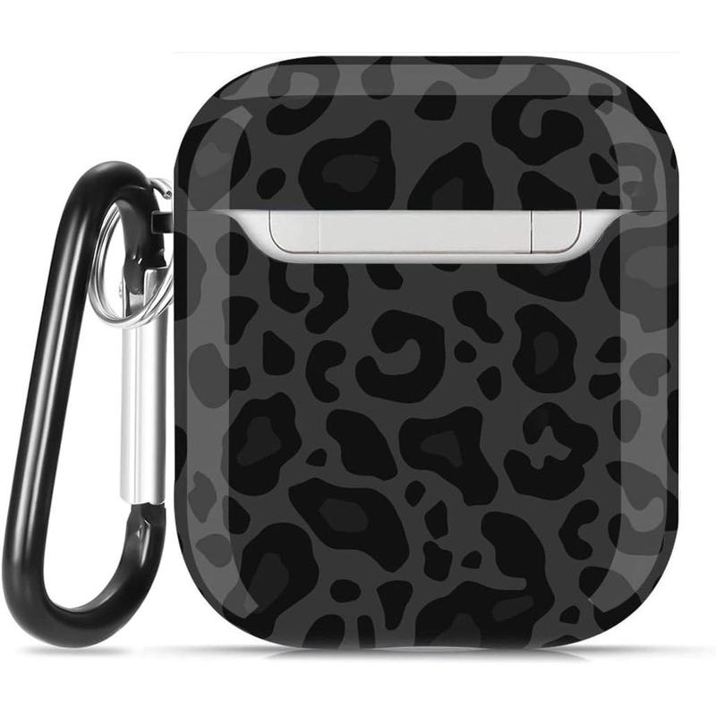 For Airpods Case Leopard Women, Cute Print Airpod 2nd 1st Generation Shockproof Protective Cover Skin Shell Girls with Keychain for Apple AirPods 2&1 Case - Black Grey Leopard