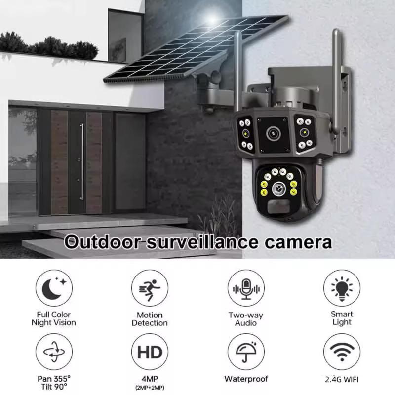 Solar Powered Security Camera, 2K Wireless Outdoor Security Camera, 360° View Pan Tilt Low Power Consumption Security Camera, Dual Lens Camera for Factory & Parking Lot