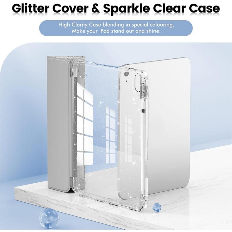 Compatible with Pad 10th Generation Case, Pad Case 10th Generation 10.9 Inch, Glitter Leather Cover with Sparkly Crystal Clear Back, Pencil Holder, Anti-yellowing,