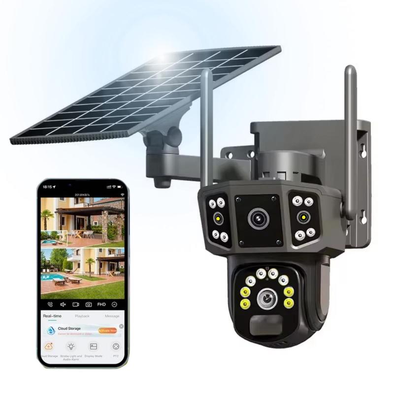 Solar Powered Security Camera, 2K Wireless Outdoor Security Camera, 360° View Pan Tilt Low Power Consumption Security Camera, Dual Lens Camera for Factory & Parking Lot