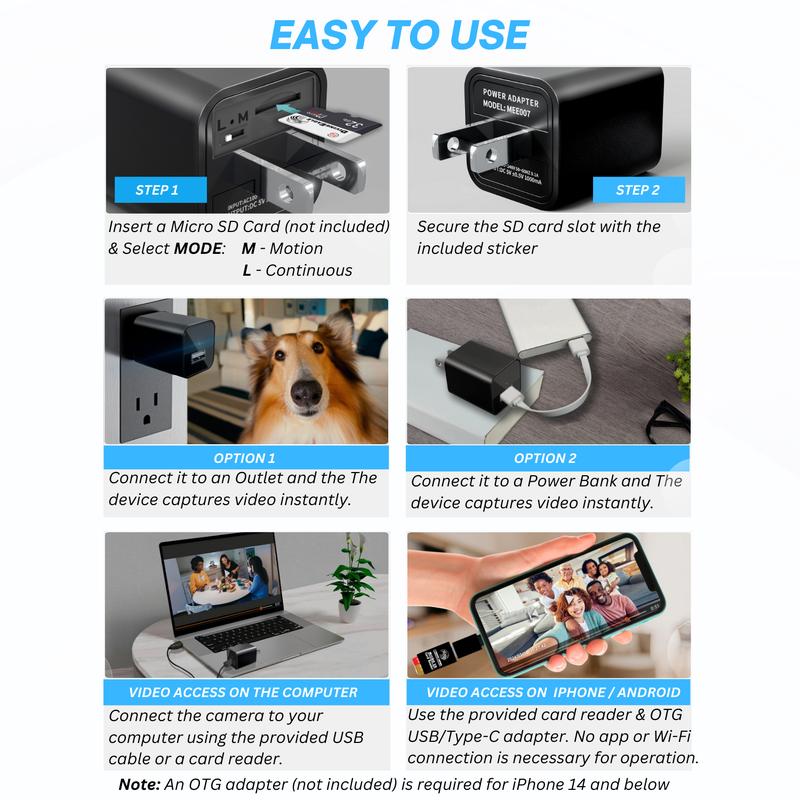 Charger with Full HD Camera  - Premium 1080p Mini Cam with Motion Detection for Home Security, Perfect for Pets and Indoor Monitoring Protection Surveillance