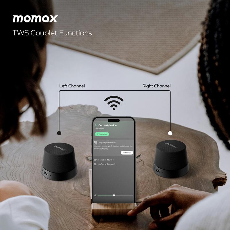 MOMAX Magnetic Portable Wireless Speaker, Mini Portable Wireless Speaker, 12-Hour Playtime, TWS Stereo Sync, Mobile Phone Holder 360° Surround Sound  Audio Smartphone